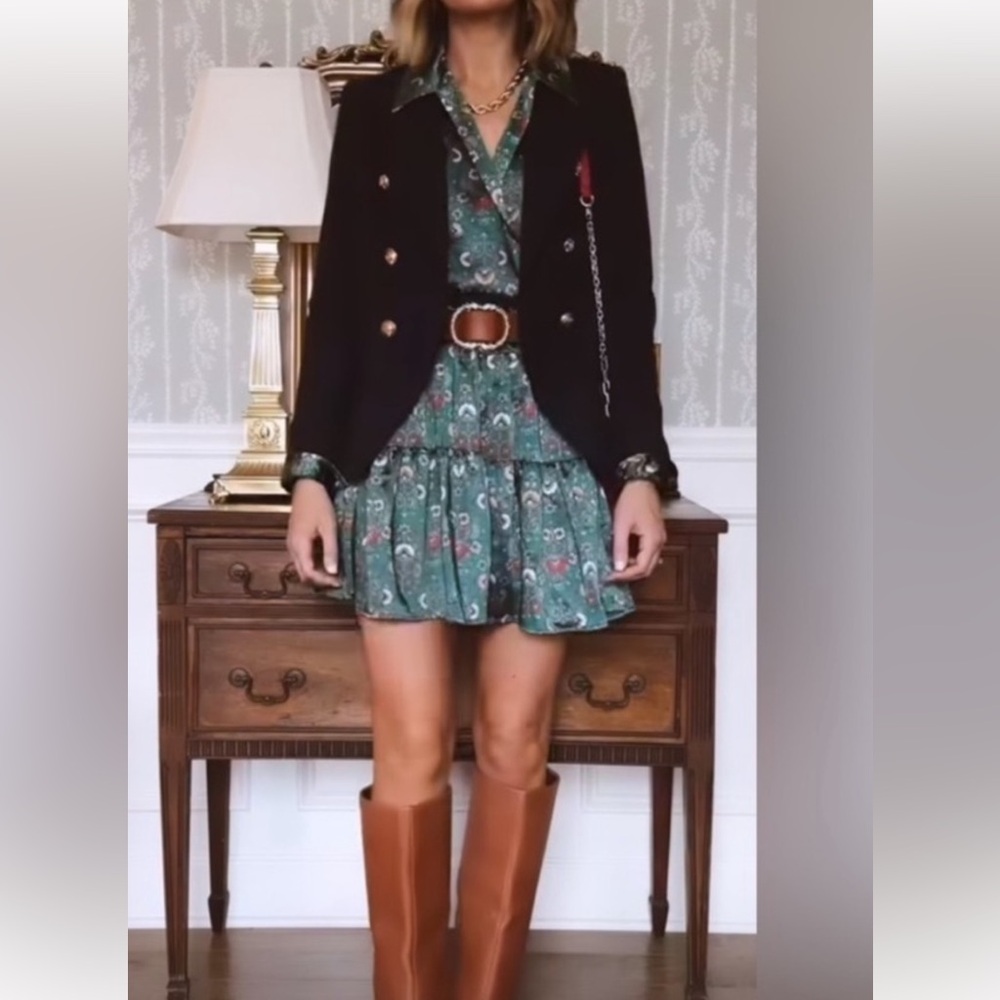 On 34th Green Floral Satin Tiered Wrap Dress Tie Waist Size Medium NWT